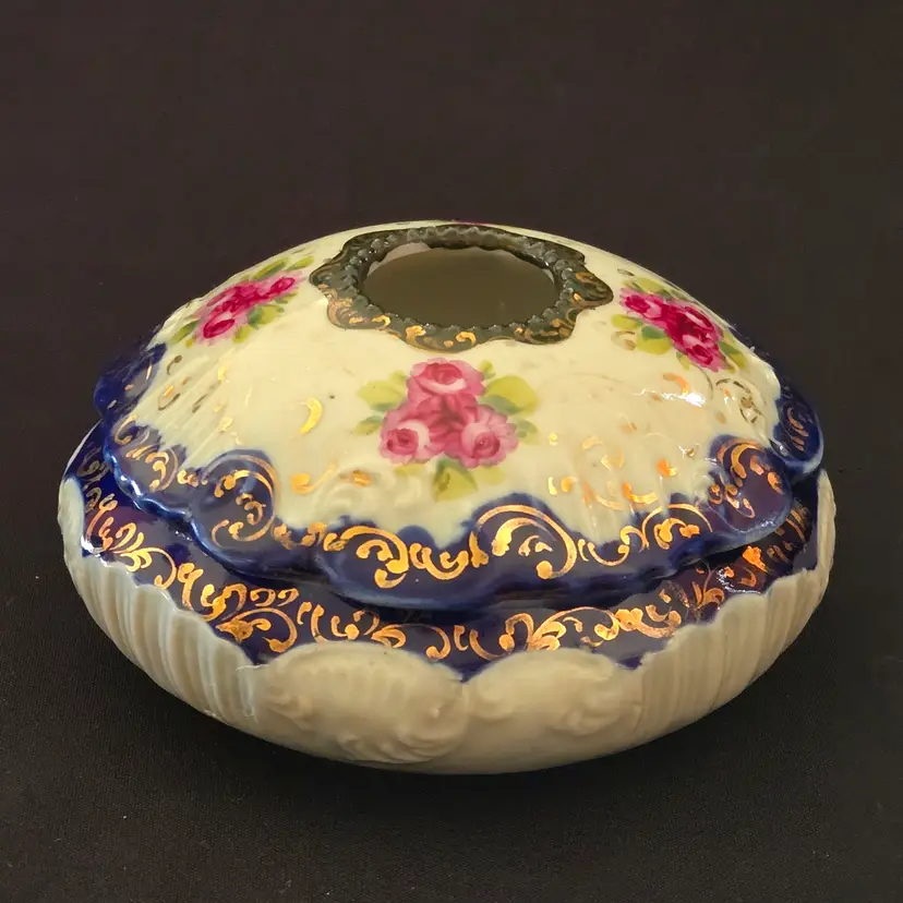 Hair Receiver Hand Painted Porcelain Japan with Embossing, Symbols & Condition Issues Vintage