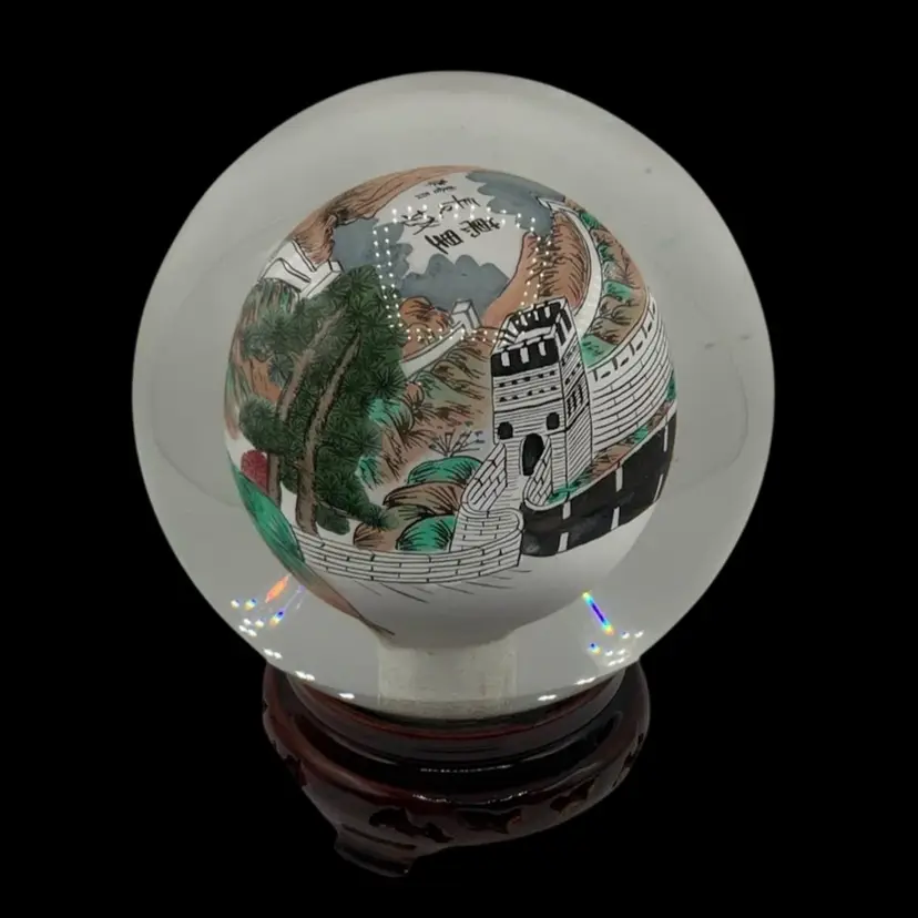 Massive Reversed Painted Glass Orb/paperweight 5” Tall With Stand-Great wall of China!