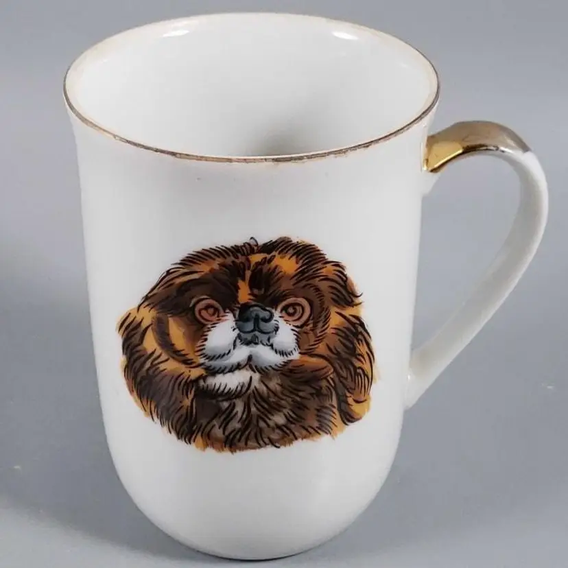 Vintage Hand Painted Pekingese Dog Porcelain Cup Mug