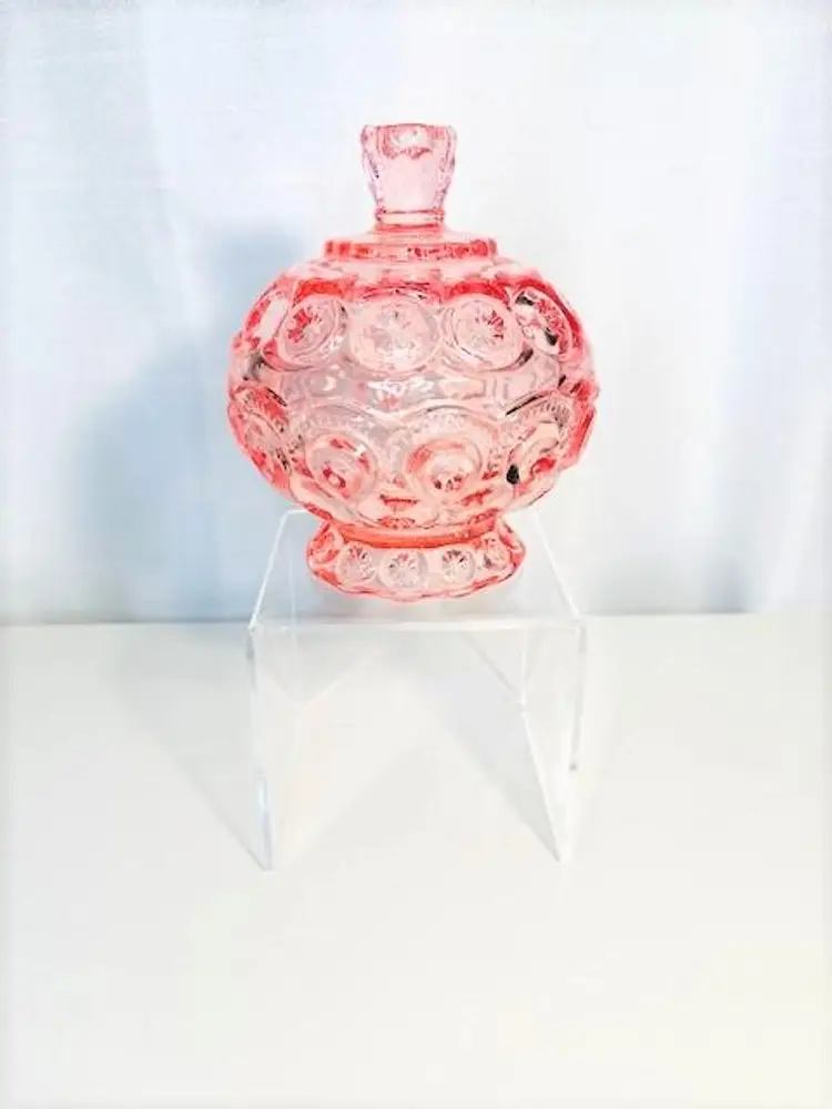 LE Smith Moon and Stars Pink Glass Lidded Compote Candy Dish 4 1/2" x 4 1/2" | Vintage MCM LE Smith Moon & Stars Dusty Rose Pink Vanity Dish