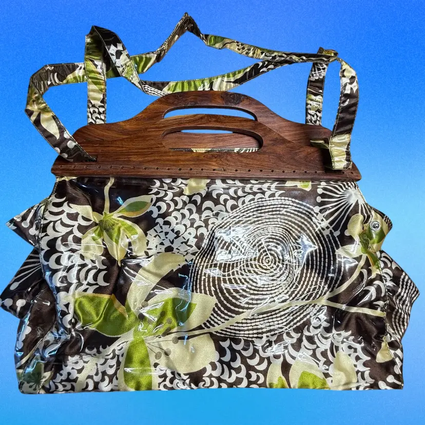 Rare Greta Keller Vinyl Over Silk Wooden Handle Crossbody Hand Bag 12” x 9”