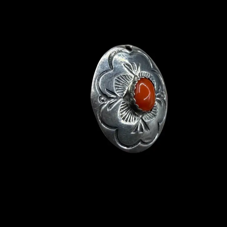 Vintage Native Signed Sterling Silver And Coral Pendent