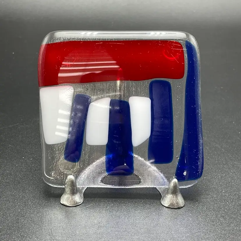 Set of 4 Fused Art Glass Drink Coasters Clear Red White Blue Tableware
