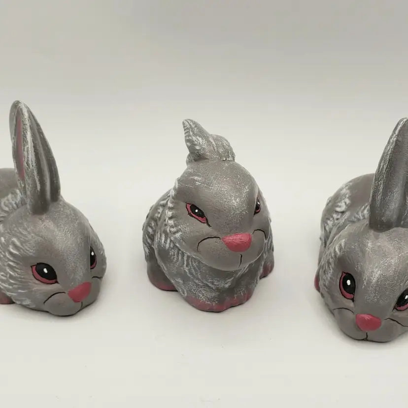 Vintage Ceramic Bunnies Gray Rabbit Easter Figurines Spring Decor Hand Painted.