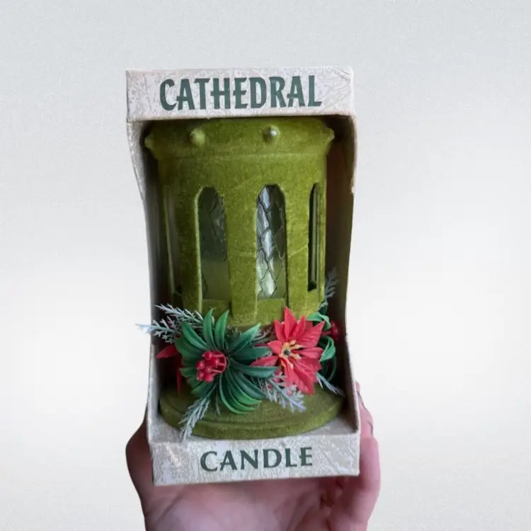 Vintage NOS Flocked Cathedral Candle In Avocado Green For Christmas