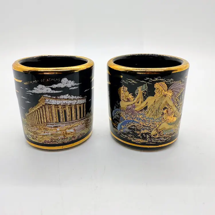 Vintage Greek Shot Glasses Black 24K Gold Parthenon Poseidon Collectible Barware