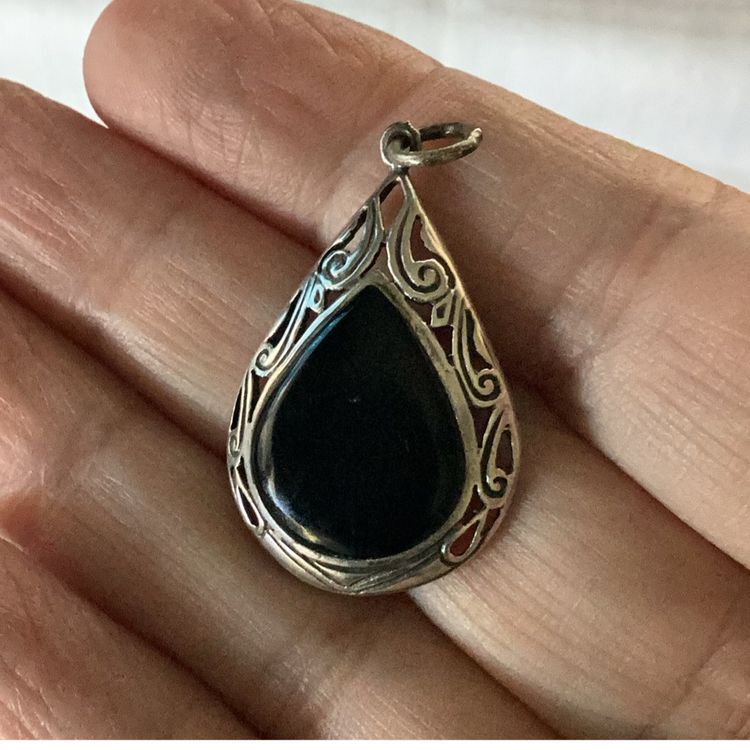 Vintage Sterling Silver Pendant Onix  Natural Stone 1 And 1/4”