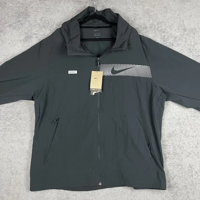Nike Jacket Mens 2XL Black Running Hooded Full Zip Windbreaker Swoosh 3212