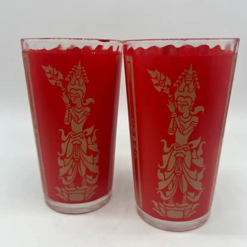 Set Of 2 Vintage Culver Thai Goddess Red Gold Drinking Glass Tumblers