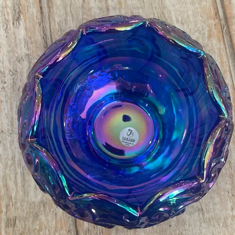 FENTON LILY OF THE VALLEY BLUE ROSE CARNIVAL GLASS ROSE BOWL With Tag