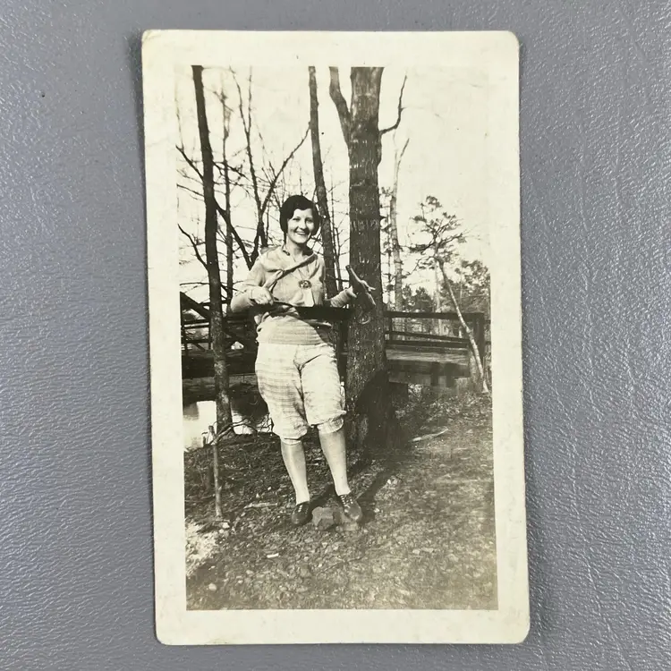 Vintage Prohibition Era Photo Woman Girl Drinking Beer Frying Pan In The Woods Camping 2.75x4.5"