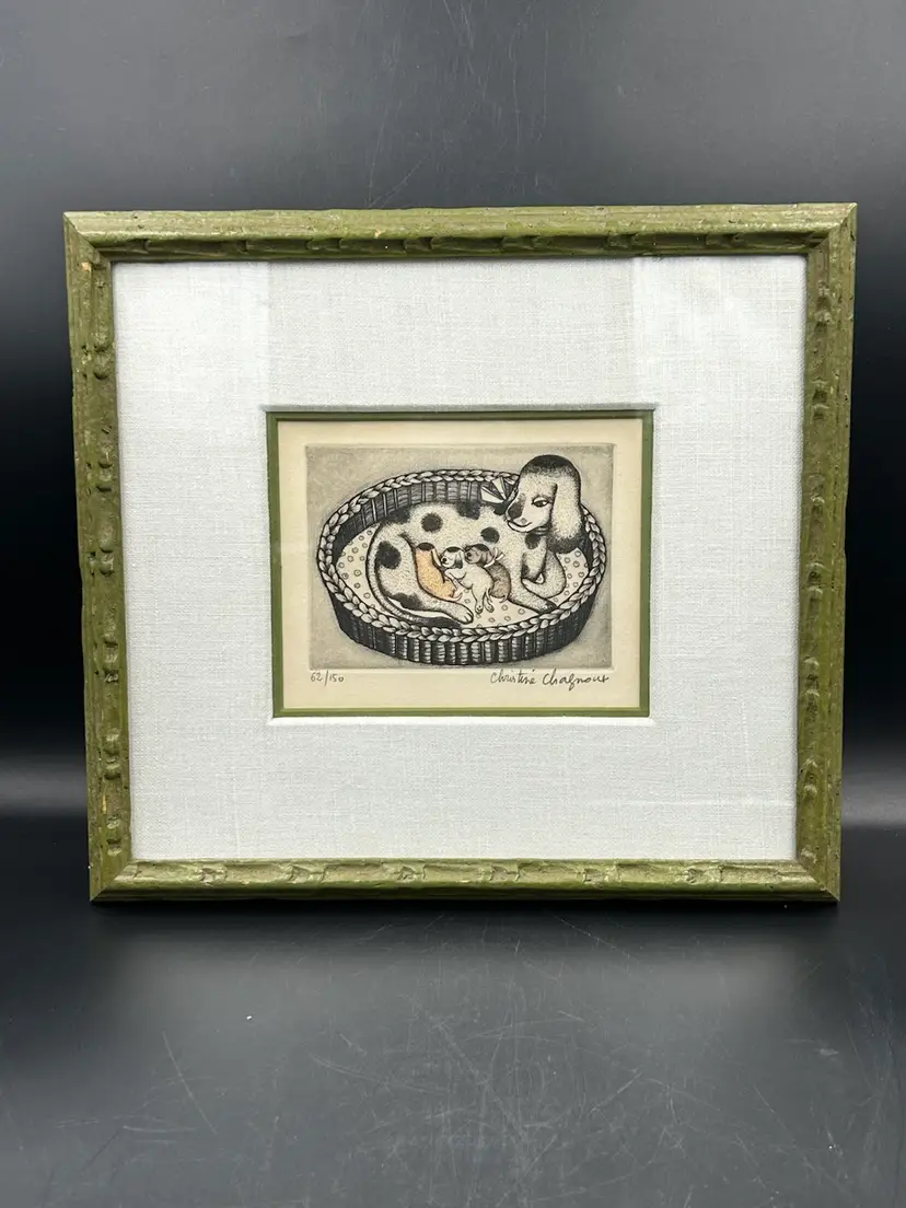 Framed Under Glass Christine Chagnoux Signed And Numbered 16/150 Print Mother, Dog And Puppies