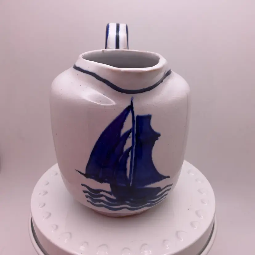 POW3 VTG Pottery Blue & White Boat Ship Creamer Pitcher 3.75" Italy