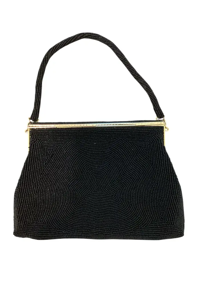 #01 Vintage Handbag Black Beaded Floral Evening Bag Purse Handbag & Coin Purse Japan