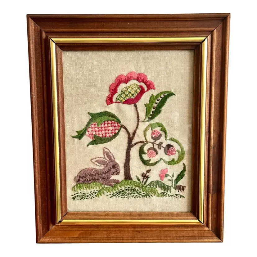 Vintage Framed Rabbit Floral Crewel Needlecraft Finished MCM Folk Art Paragon