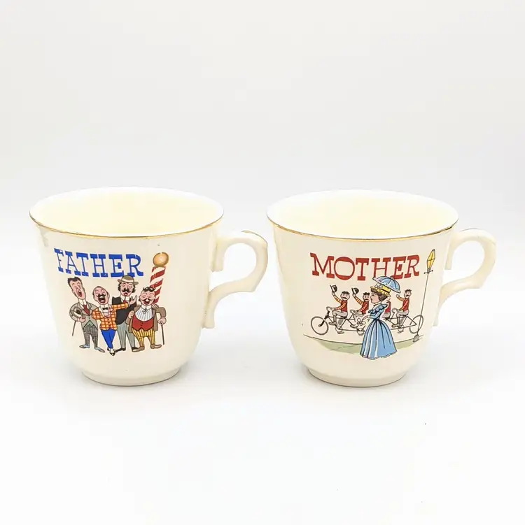 Vtg Homer Laughlin Father and Mother Tea Coffee Cup Mug Barber Shop Tandem Bike