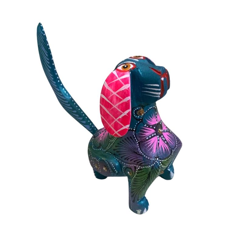 Colorful Hand Carved Wooden Alebrije Elephant Puppy Guardian Hound Dog Figurine 4” By 4” Tall Featuring Dark Teal Blue Base Color Made By Me