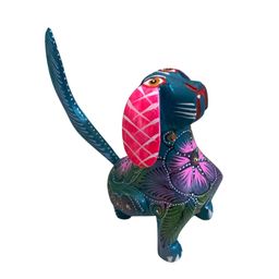 Colorful Hand Carved Wooden Alebrije Elephant Puppy Guardian Hound Dog Figurine 4” By 4” Tall Featuring Dark Teal Blue Base Color Made By Me