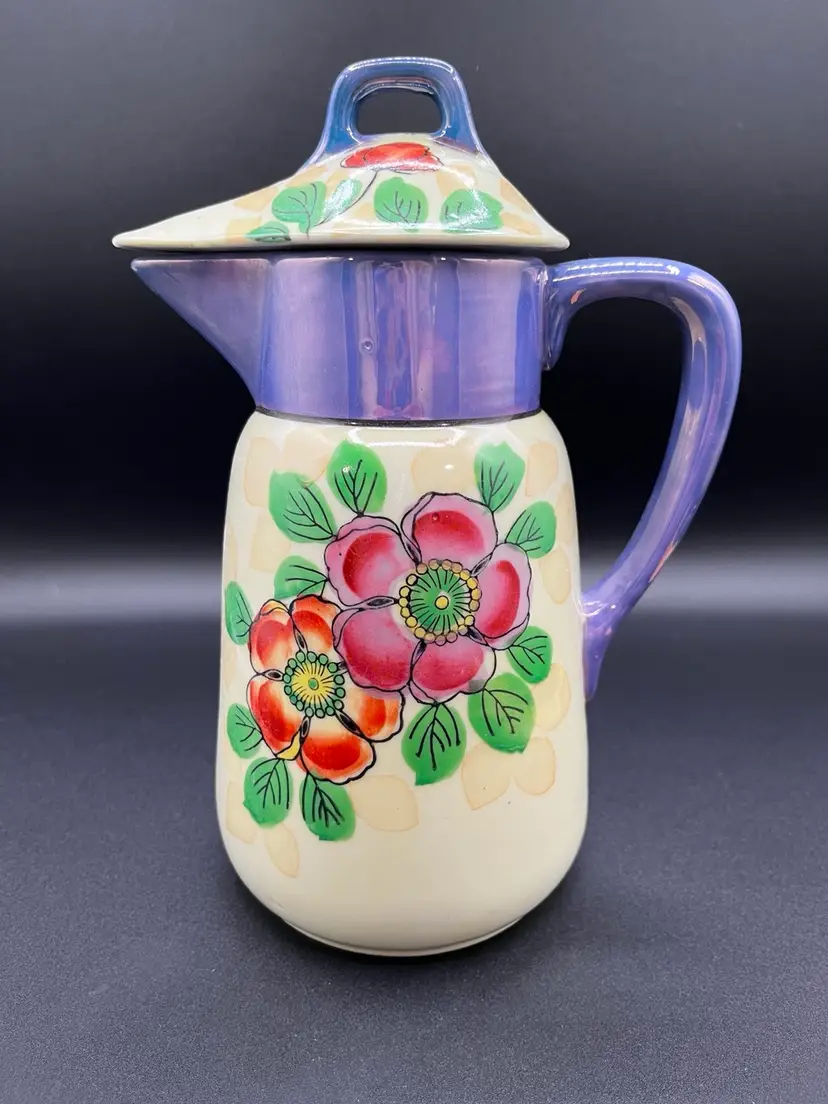 Japanese Ceramic Floral Yellow Lustreware Lidded Coffee Pitcher 9.75”H 🌺