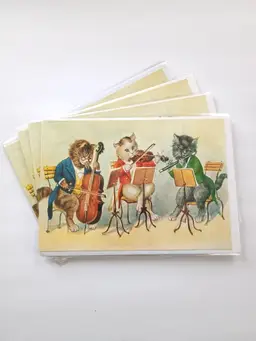 4 x Vintage Cat Design Greeting Cards and Envelopes Musical String Trio