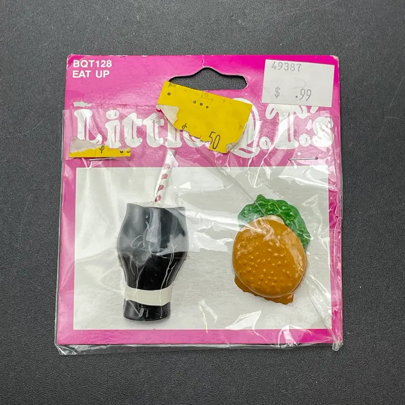 Little Q.T.s Button Covers Eat Up Soda Hamburger Kitsch Kitschy Accessories VTG