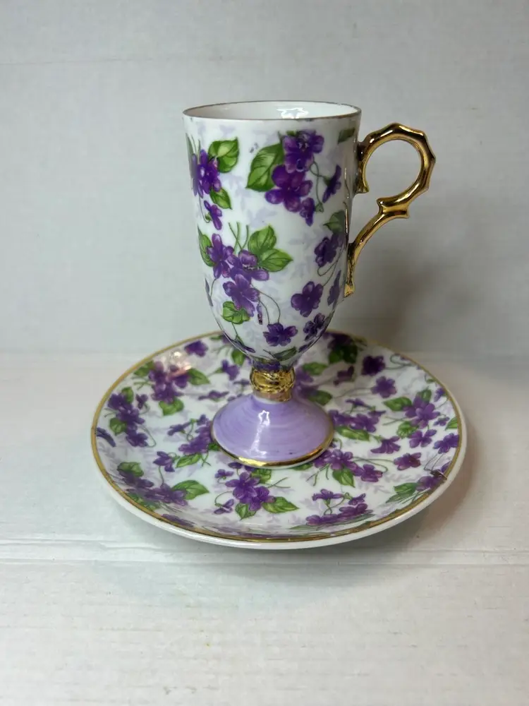 Vintage Inarco Demitasse Tall Cup & Saucer Violets Footed Gold Trim Japan