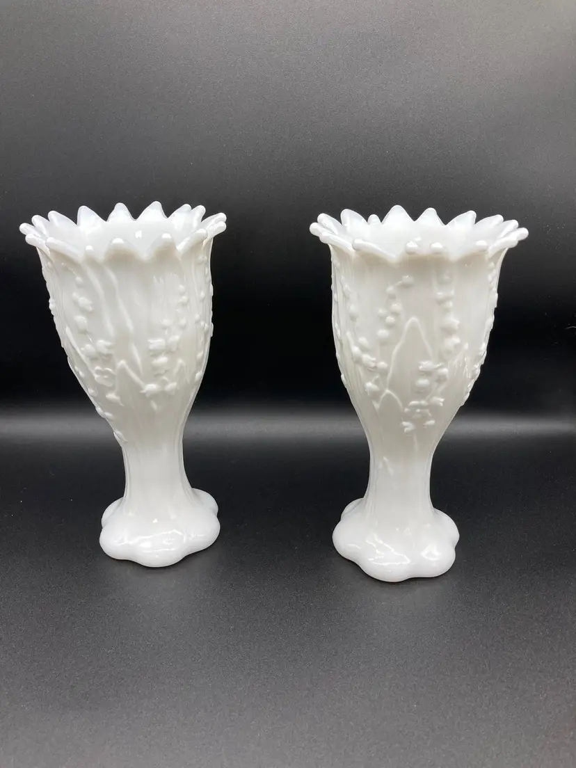 Pair of Vintage White Westmoreland 
Lily of the Valley Milk Glass Footed Vase