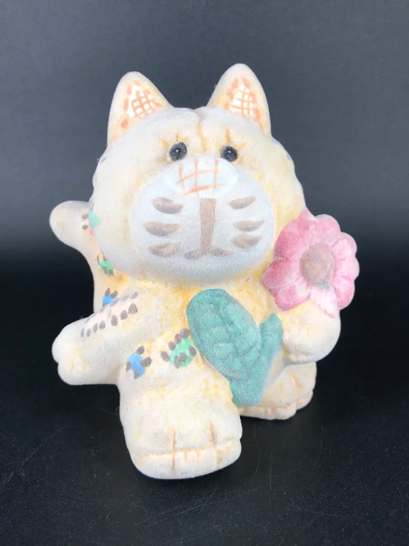 Vintage Flocked Kitty Cat Holding Flower
