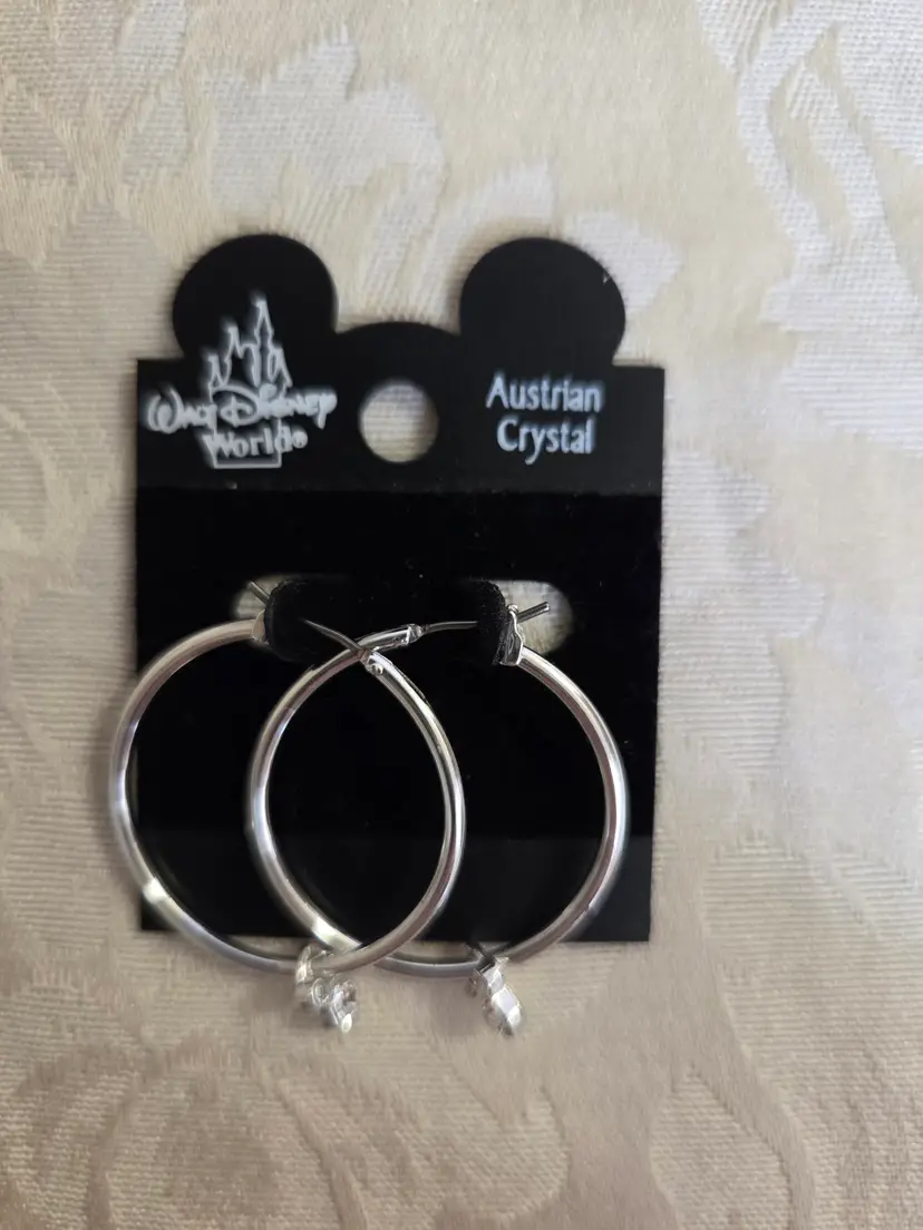 NOS Walt Disney World Silver Tone Hoop earrings with Australian Crystal Mickey Mouse Head Charm