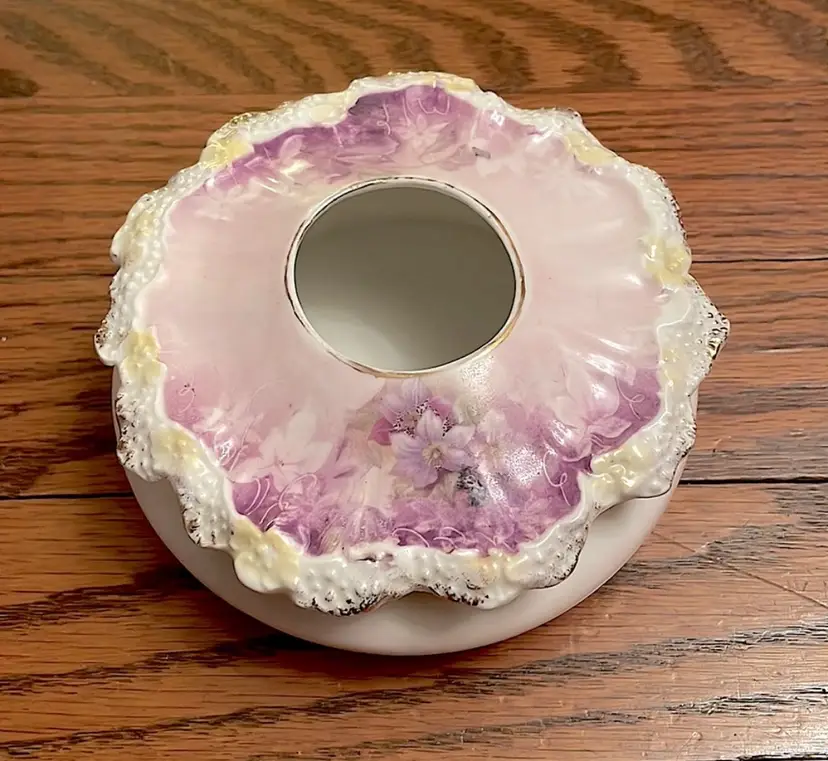 Antique Hair Receiver, porcelain, lilac/yellow/white. Use for cotton balls, cotton swabs, hairpins, etc.