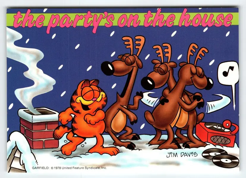 Garfield Cat Christmas Postcard Reindeer Roof Party Records Music Jim Davis 1978