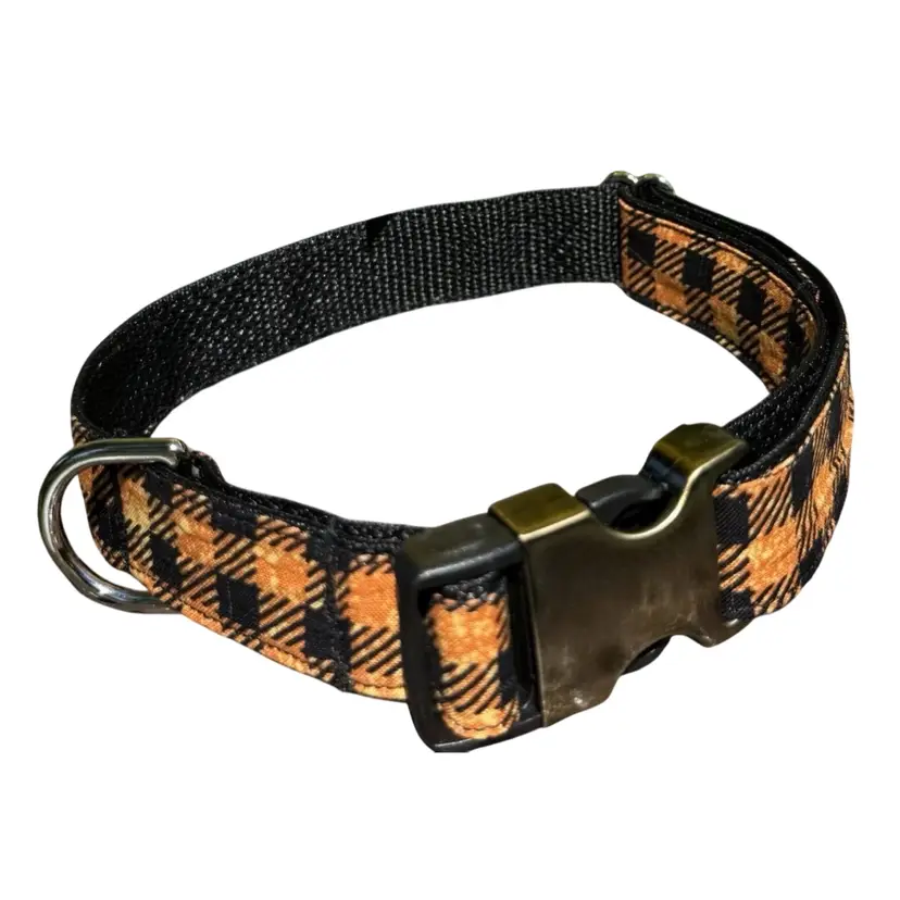 Dog Collar Orange Plaid Fall Halloween Large Handmade Heavy Duty With Buckle NEW