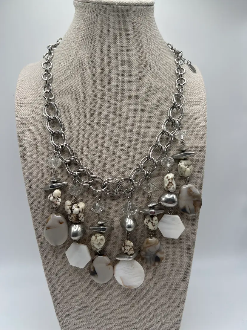 Laura Ashley Bib Necklace Shell Howlite Glass Bead Silver Tone Adjustable