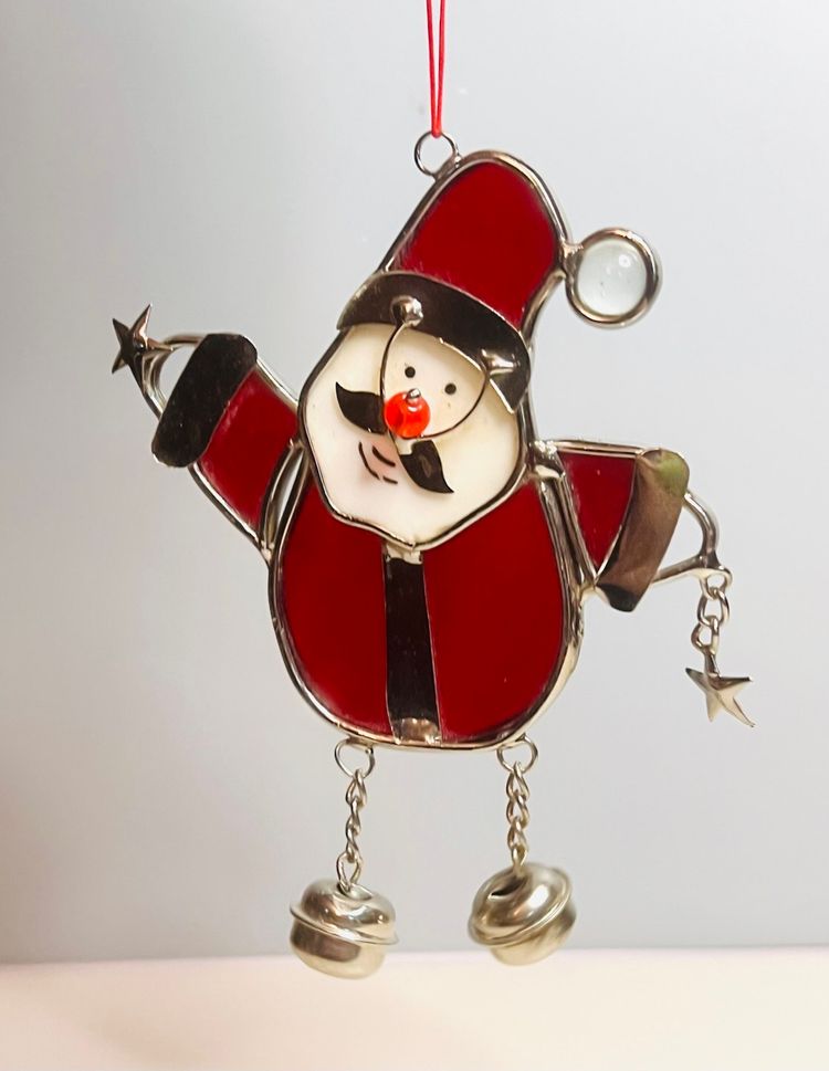 Vintage Stained Glass Hanging Santa Claus With Jingle Bell Feet 5 1/4”