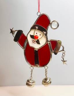 Vintage Stained Glass Hanging Santa Claus With Jingle Bell Feet 5 1/4”