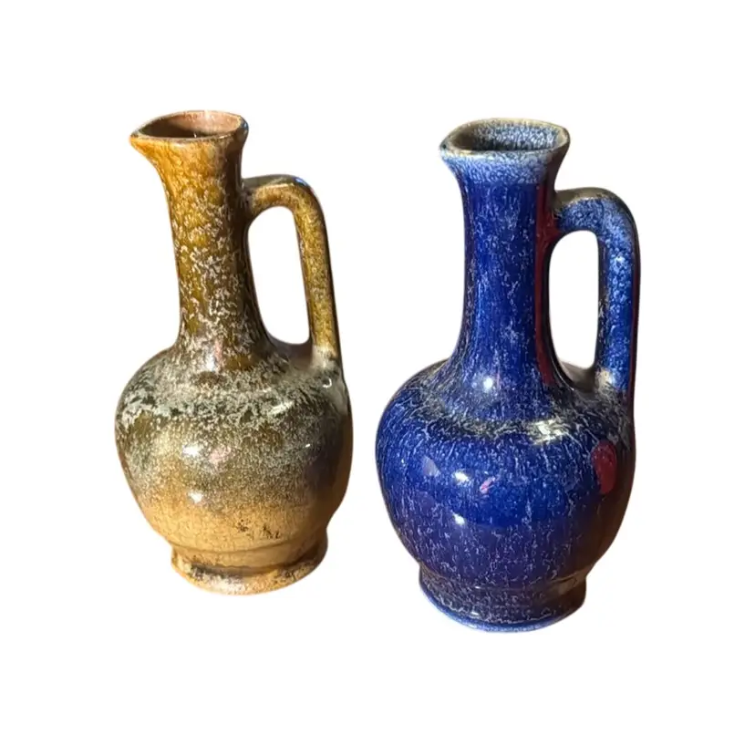 Pair Of 1930s Zanesville Alaska (Ohio) Pitcher Bud Vases / Blue & Green Glaze / 6”