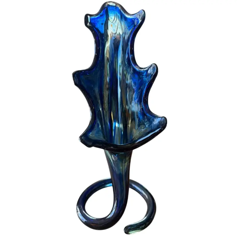 VTG Cobalt Blue Trumpet Art Glass Vase With Swirl Base 11” Unique Shape Ex Cond