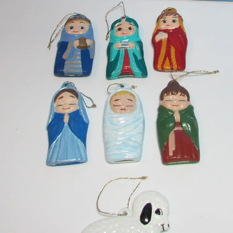 vintage ceramic hand painted nativity ornaments Christmas decor