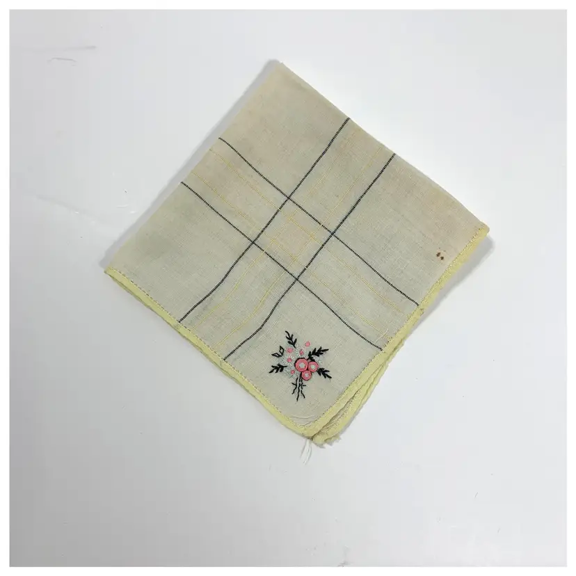 1940s Embroidered Floral Plaid Handkerchief Bouquet Nosegay Vintage Cottage Core READ