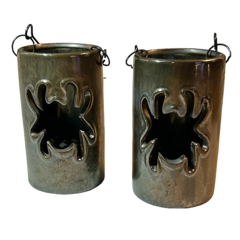 Set of 2 Dark Iridescent Ceramic Spider Cutout Shaped Hanging Candle Lanterns