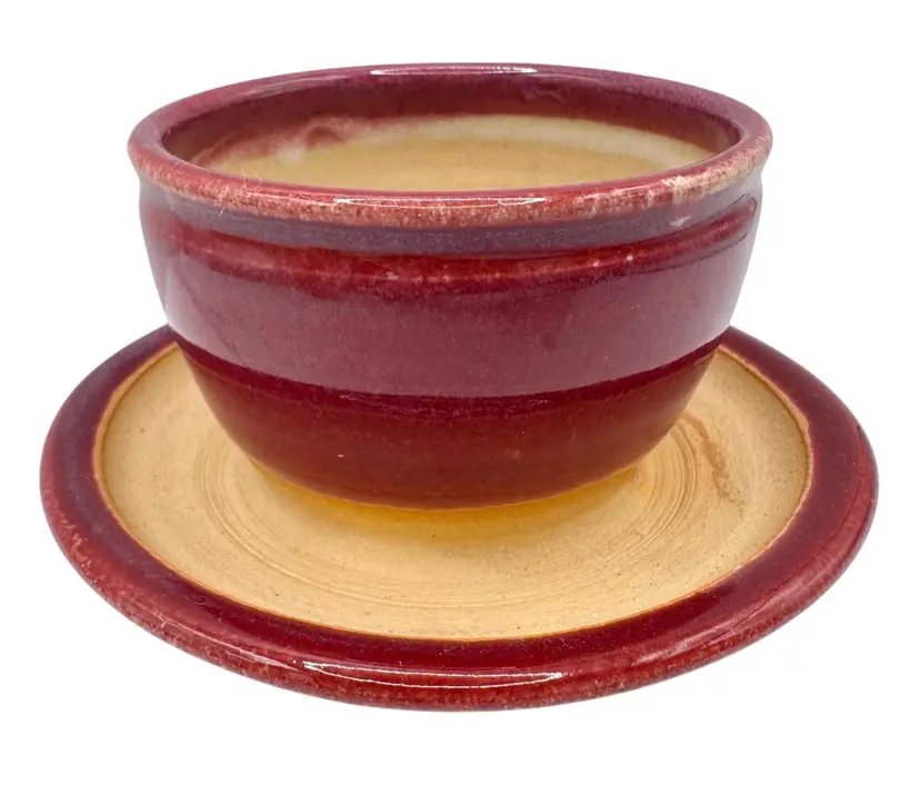 Studio Art Pottery Vessel Bowl Attached Under Plate Saucer Magenta 2.5 x 4.5”