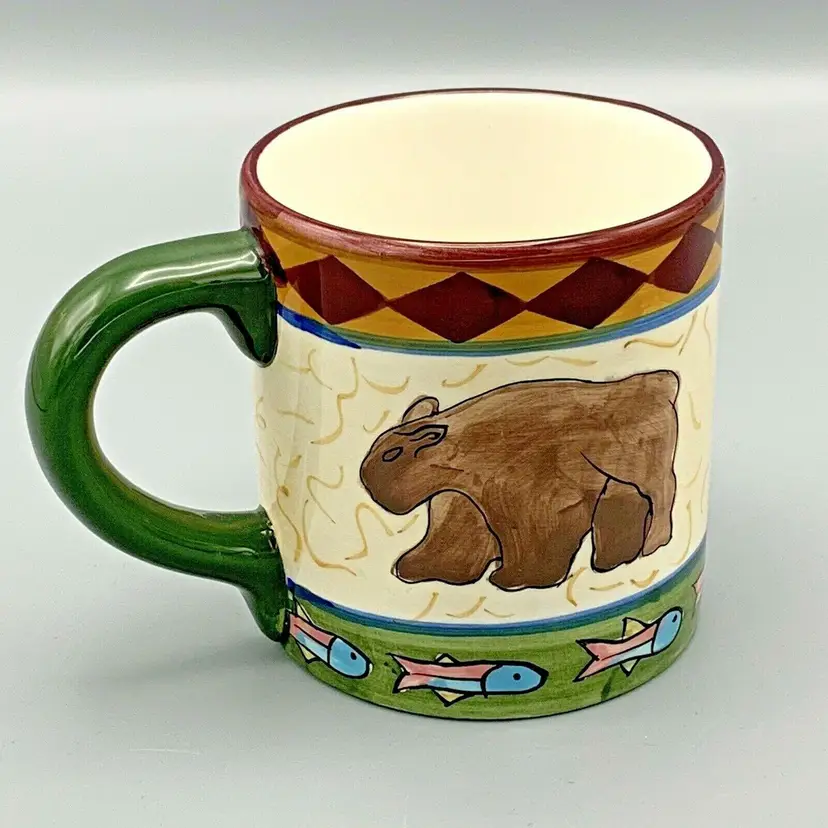 Caribou Coffee Oversize Mug Bear Fish Lakehouse decor Hand painted in China