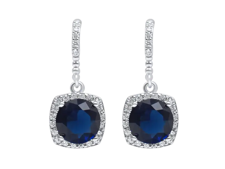 Blue Sapphire Halo Pendant & Earring Set Sterling Silver Tone Necklace Gift