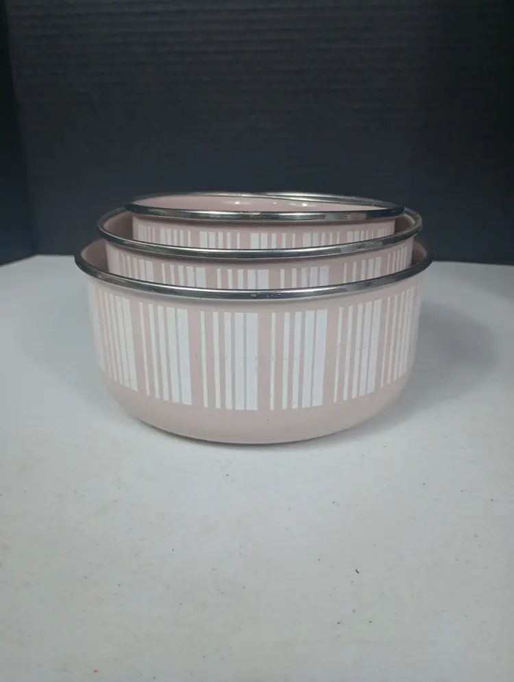 Vintage Mid Century 3 pc Enamelware Mixing Dusty Pink, Barcode Line Bowls by Kobe