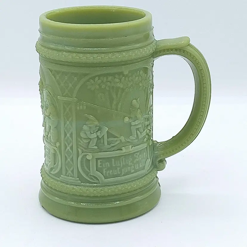 EAPG ELVES Green Opaque Mug by Westmoreland Specialty Co. Circa 1903! VERY RARE! Mythical Creatures, Elf