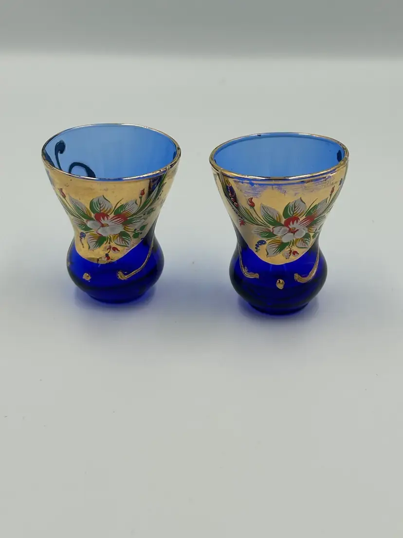 2 Venetian Cobalt Blue Hand Painted Small Cordial Glasses