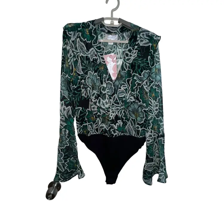 BOG BAND OF THE FREE BONNIE BLACK EMERALD FLORAL LONG SLEEVE BODYSUIT LARGE NEW