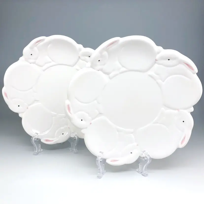 2 Department 56 Easter Bunny 7.5" Ceramic Snack Plates with Embossed Rabbit Rim