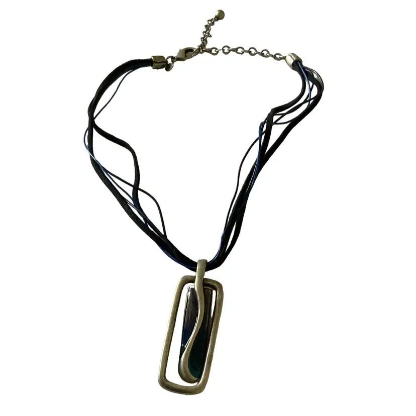 Vintage Chicos Brand Designer Large Rectangle Pendant Navy Blue Costume Jewelry Necklace 