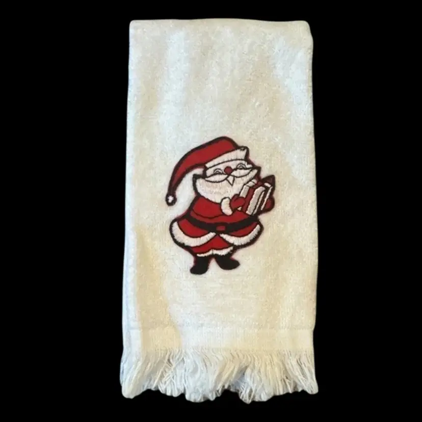 VTG Embroidered Christmas Towel Fingertip  Fringe Retro Santa Claus Bucilla USA